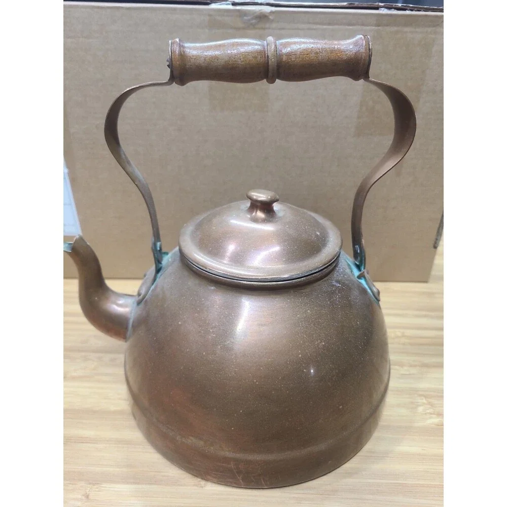 Copper Tea Kettle w/ Wooden Handle & Lid, 7.5 in Wide